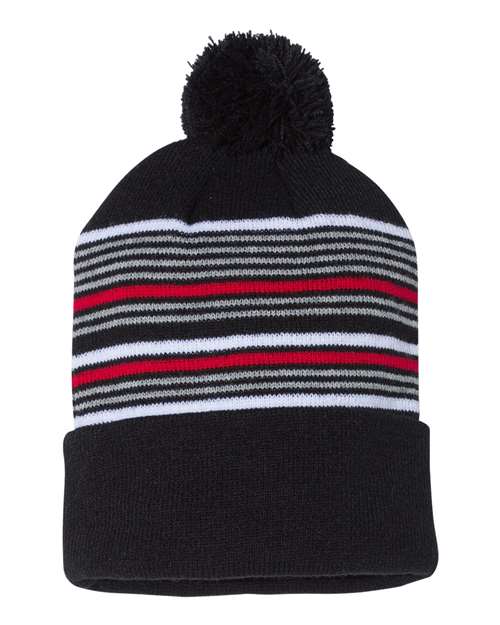 12" Striped Pom-Pom Cuffed Beanie – Black/ White/ Grey/ Red