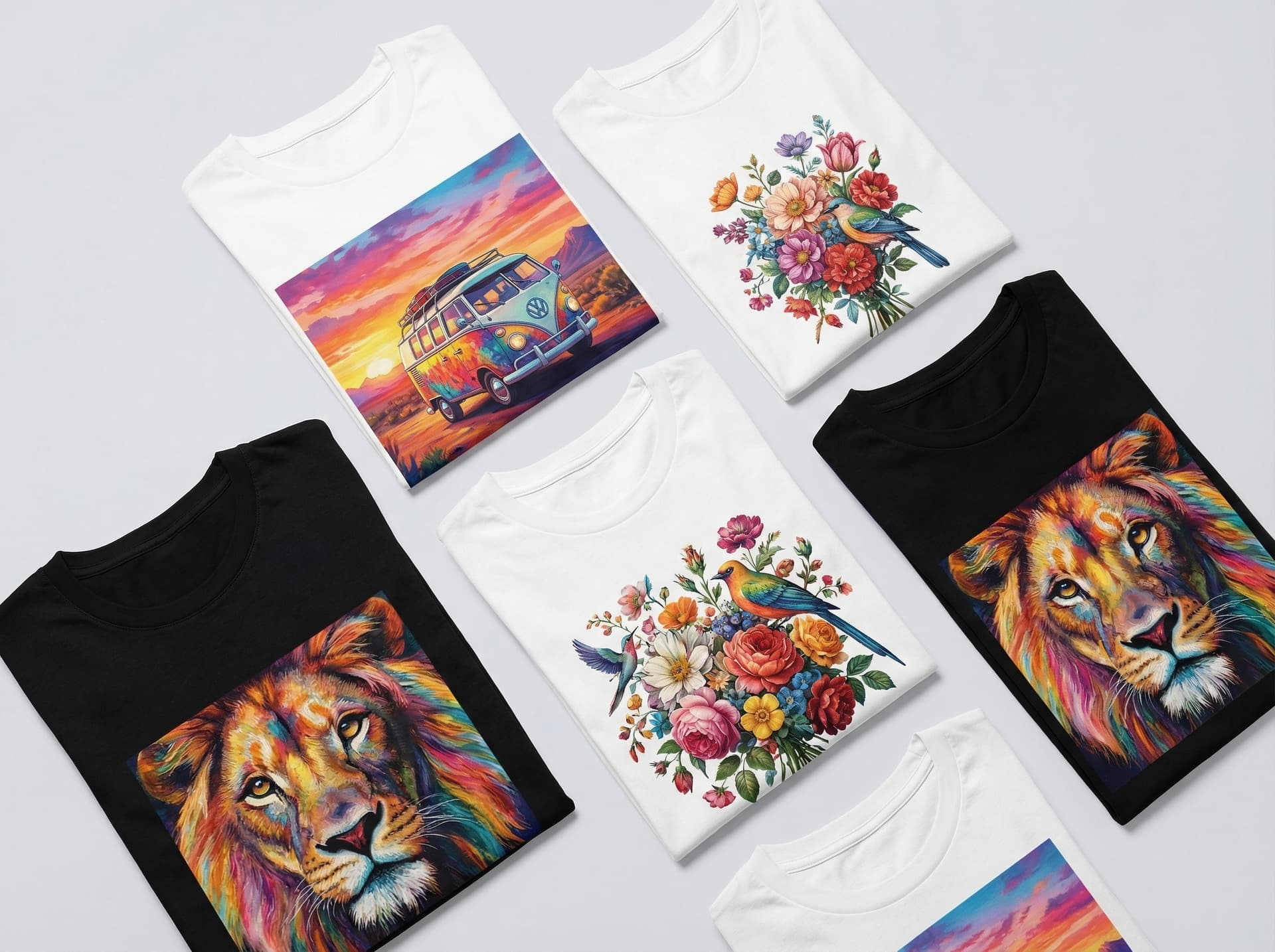 Custom t-shirts with vibrant full-color DTF prints showing photographic quality designs