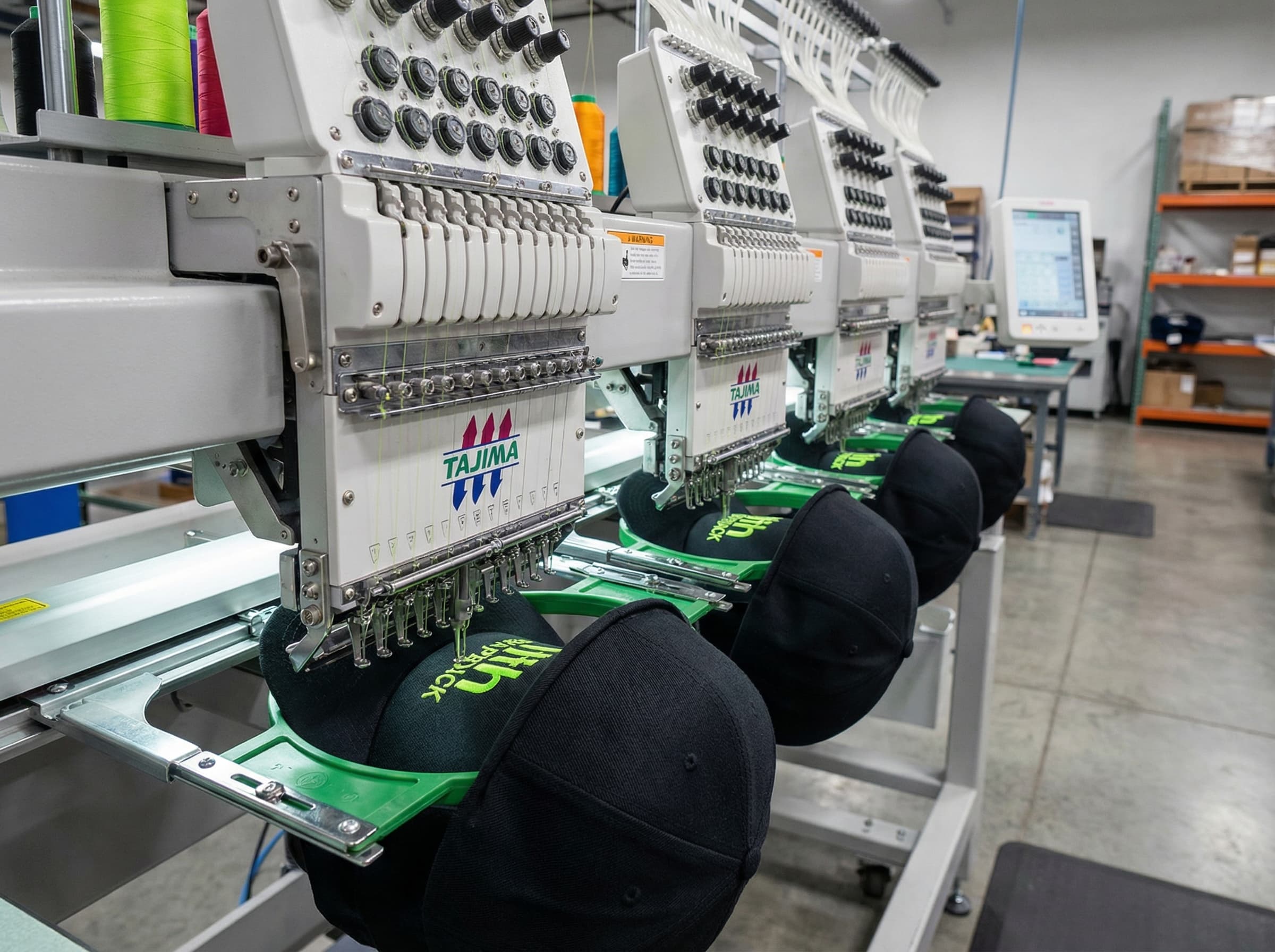 Tajima multi-head embroidery machine stitching custom designs on black snapback hats